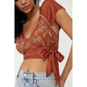 New Free People Sahara Embroidered Top $108 SMALL Terracotta Rust